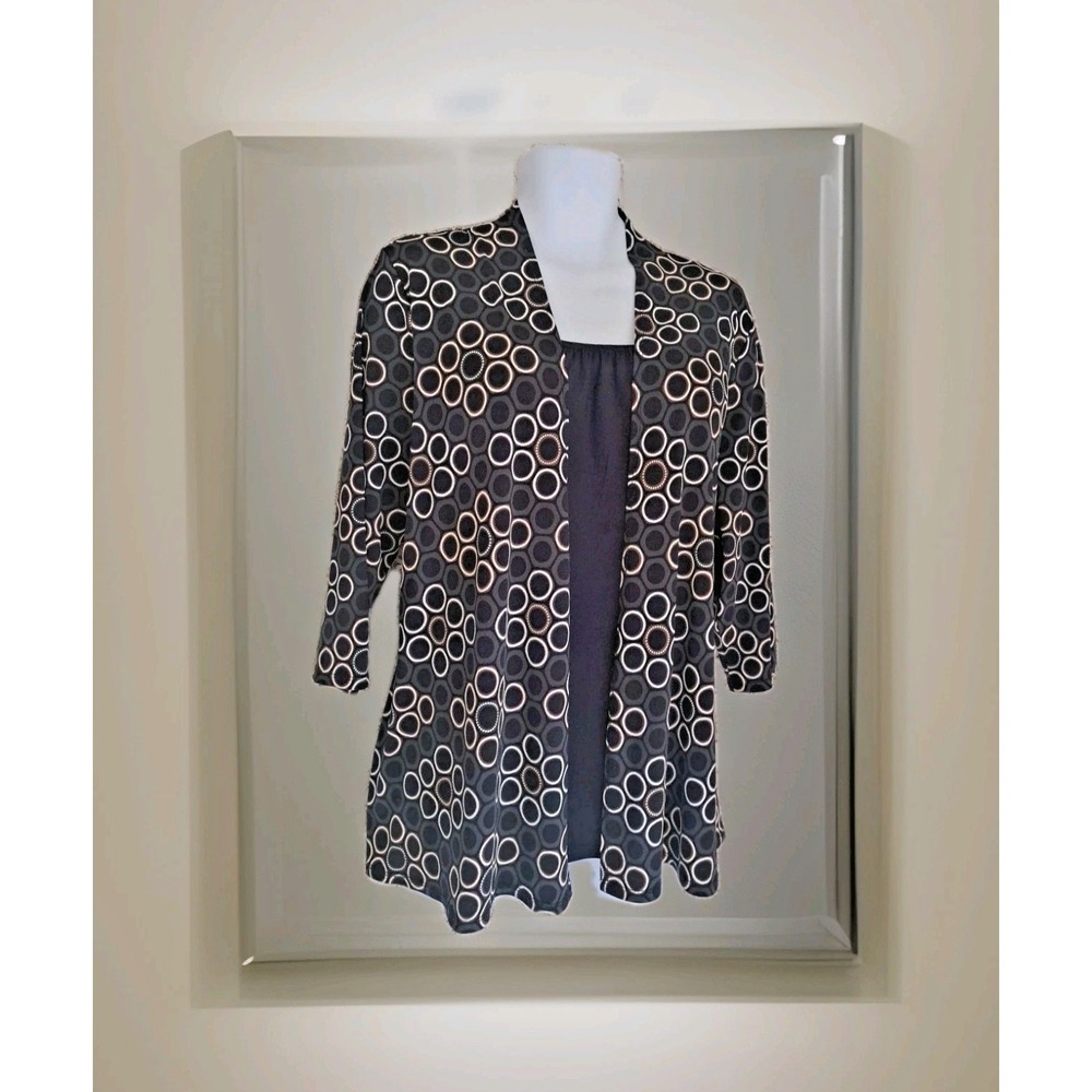 Liz McCoy 2‎ In One Layered Top Size 2X Blue Geometric Print 3/4 Sleeve Stretch